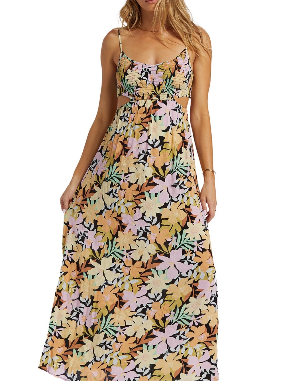 Billabong Floral Smocked Cutout Maxi Dress in Black, Peach, Pink, Cream